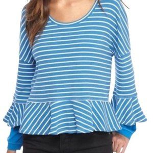 Free People Round About Tee Ocean Combo Striped Ruffle Casual Shirt Top Sweater